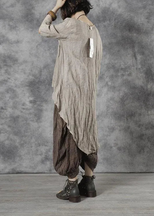 Khaki O-neck Asymmetrical Design Fall Half Sleeve Tops