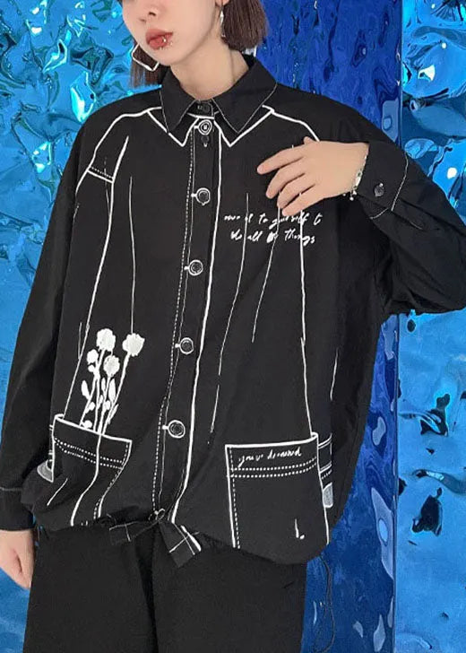Black Print Drawstring Button Fall Long Sleeve Shirts