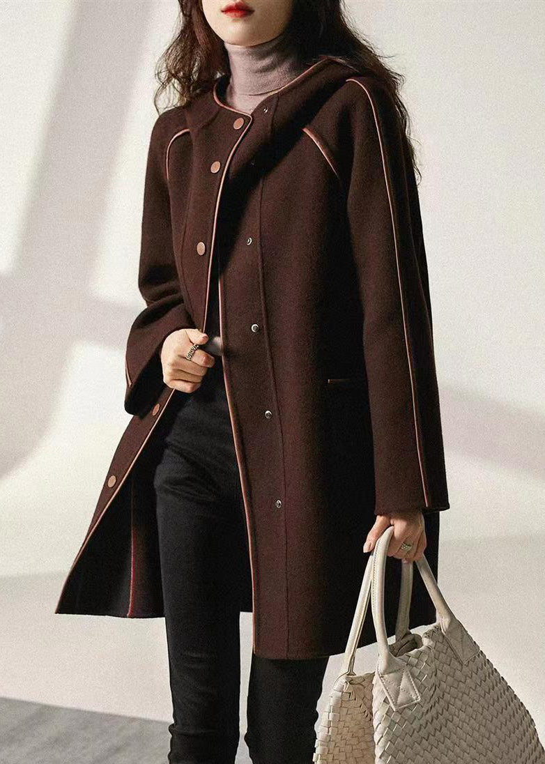 Brown Hooded Button Pockets Woolen Coat Fall