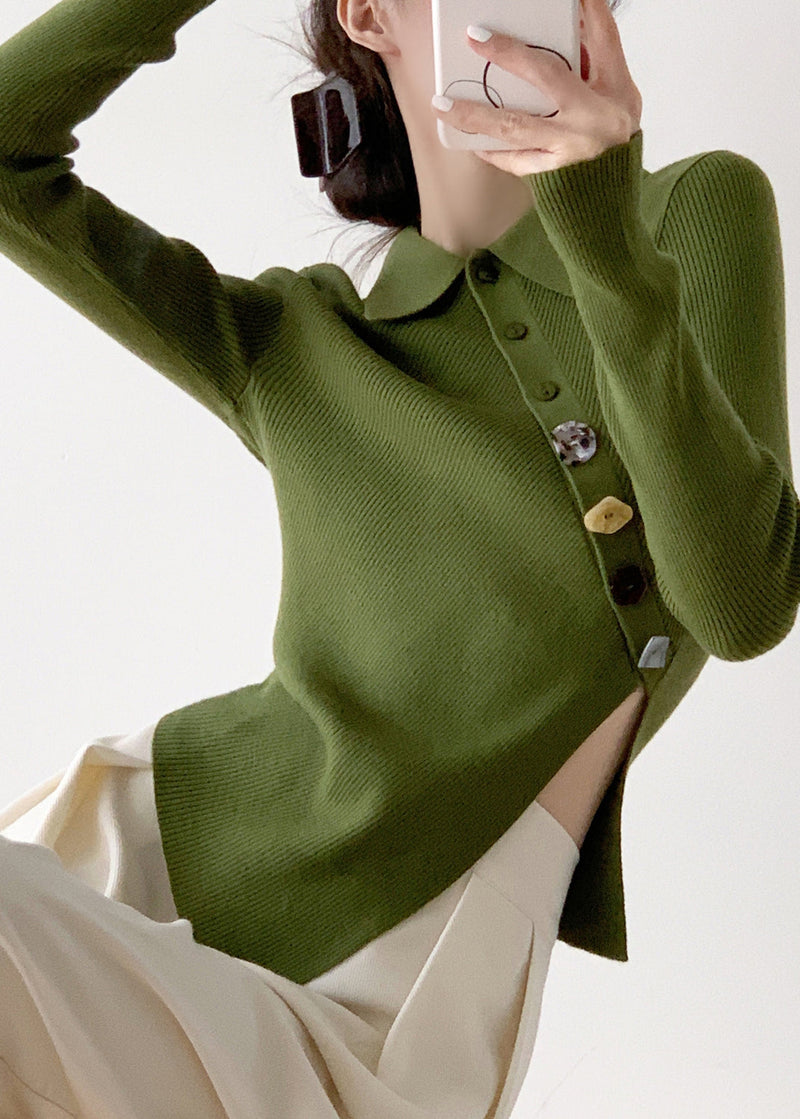 Green Peter Pan Collar Asymmetrical Knit Pullover Long Sleeve