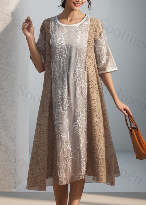 French Khaki O Neck Print Patchwork Silk Dress Summer