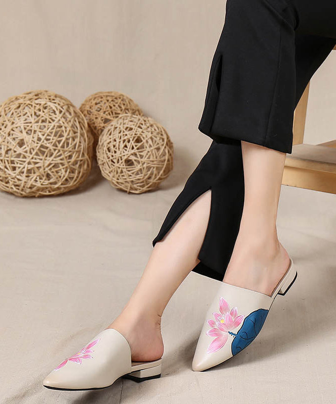 Soft Lotus Black Cowhide Leather Slide Sandals Pointed Toe