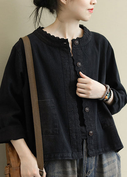 Black Button Embroideried Fall Denim Coat