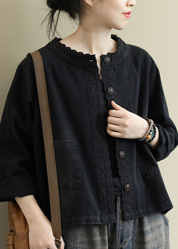 Black Button Embroidered Fall Denim Coat