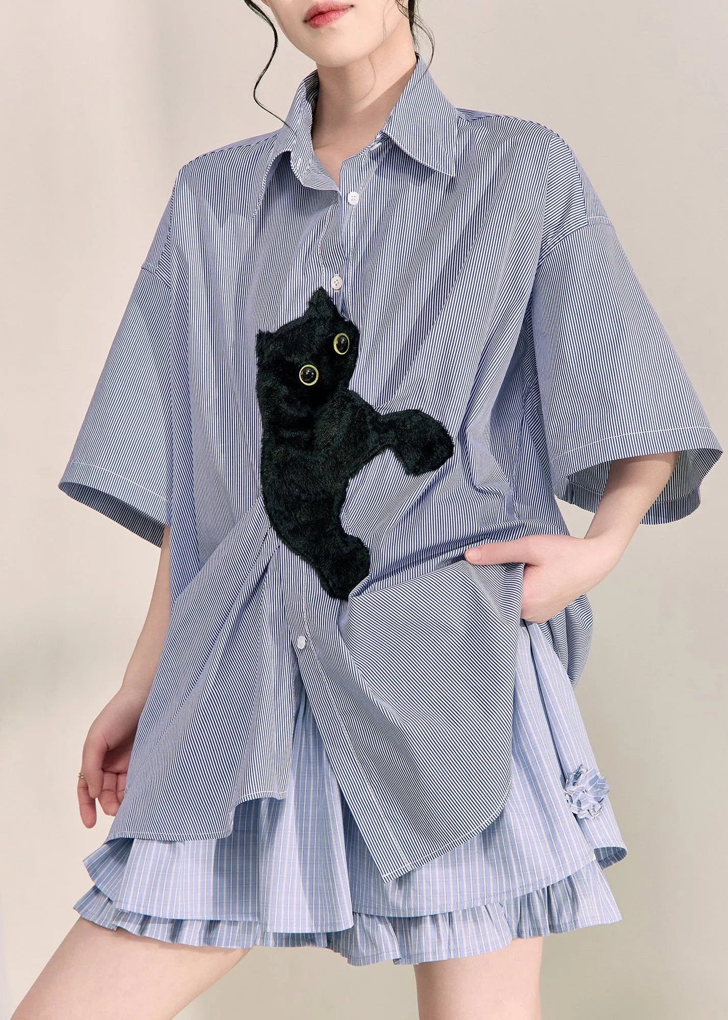 Blue Peter Pan Collar Little Cats Striped Shirts Summer