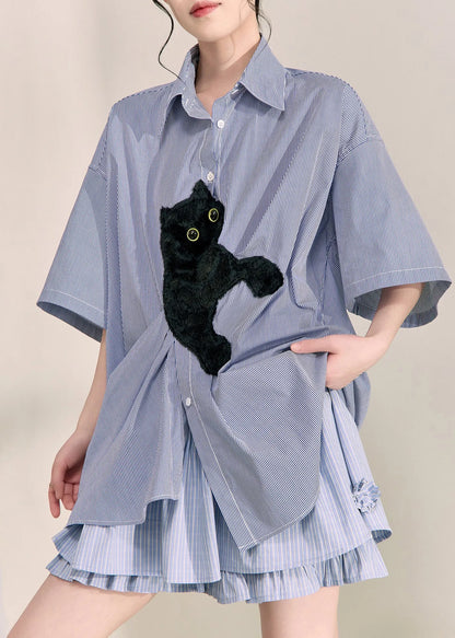 Blue Peter Pan Collar Little Cats Striped Shirts Summer