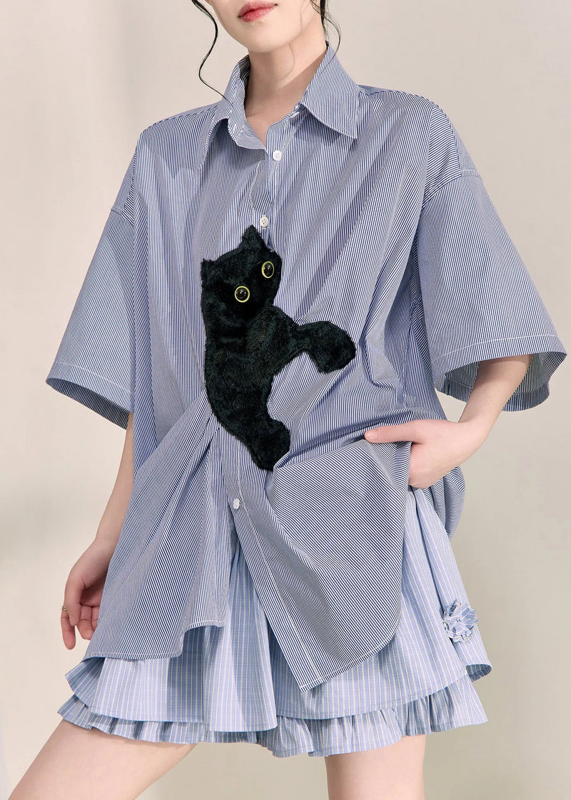 Blue Peter Pan Collar Little Cats Striped Shirts Summer