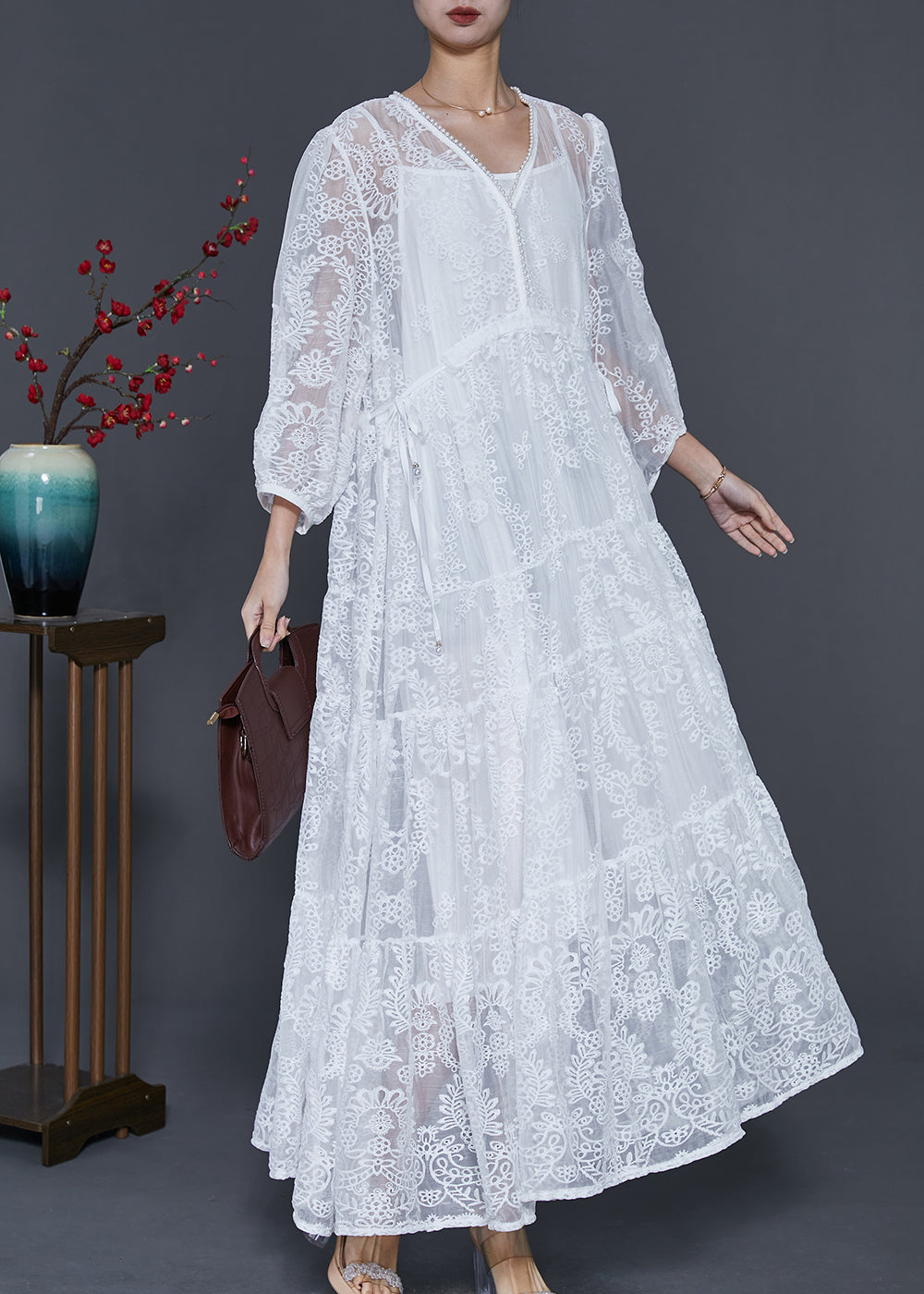 White Embroidered Lace Maxi Dresses Spring