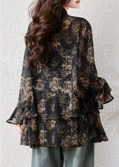 Black Oversized Print Chiffon Shirts Fall