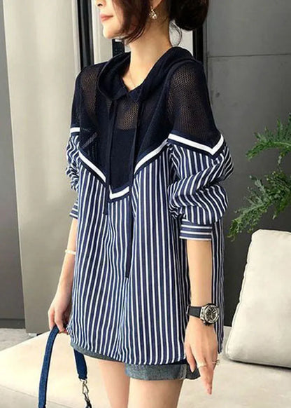 Blue Drawstring Hooded Knit Patchwork Striped Blouse Top Spring