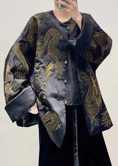 Black Dragon Embroideried Oversized Chinese Button Silk Coats Fall