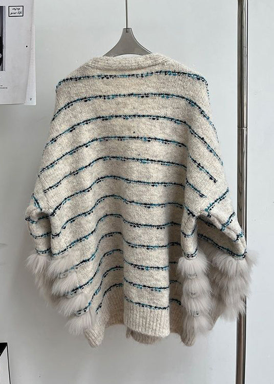 Beige Button Fluffy Patchwork Spring Knit Cardigan V Neck