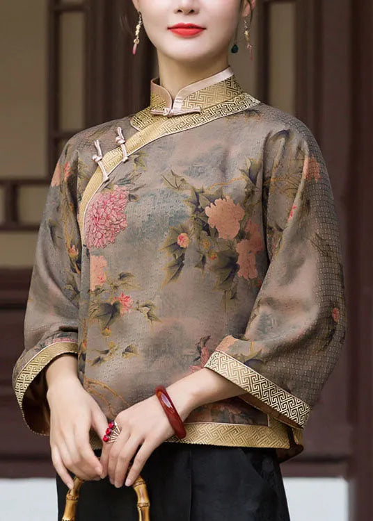 Oriental Chocolate Stand Collar Button Print Silk Blouse Tops Spring