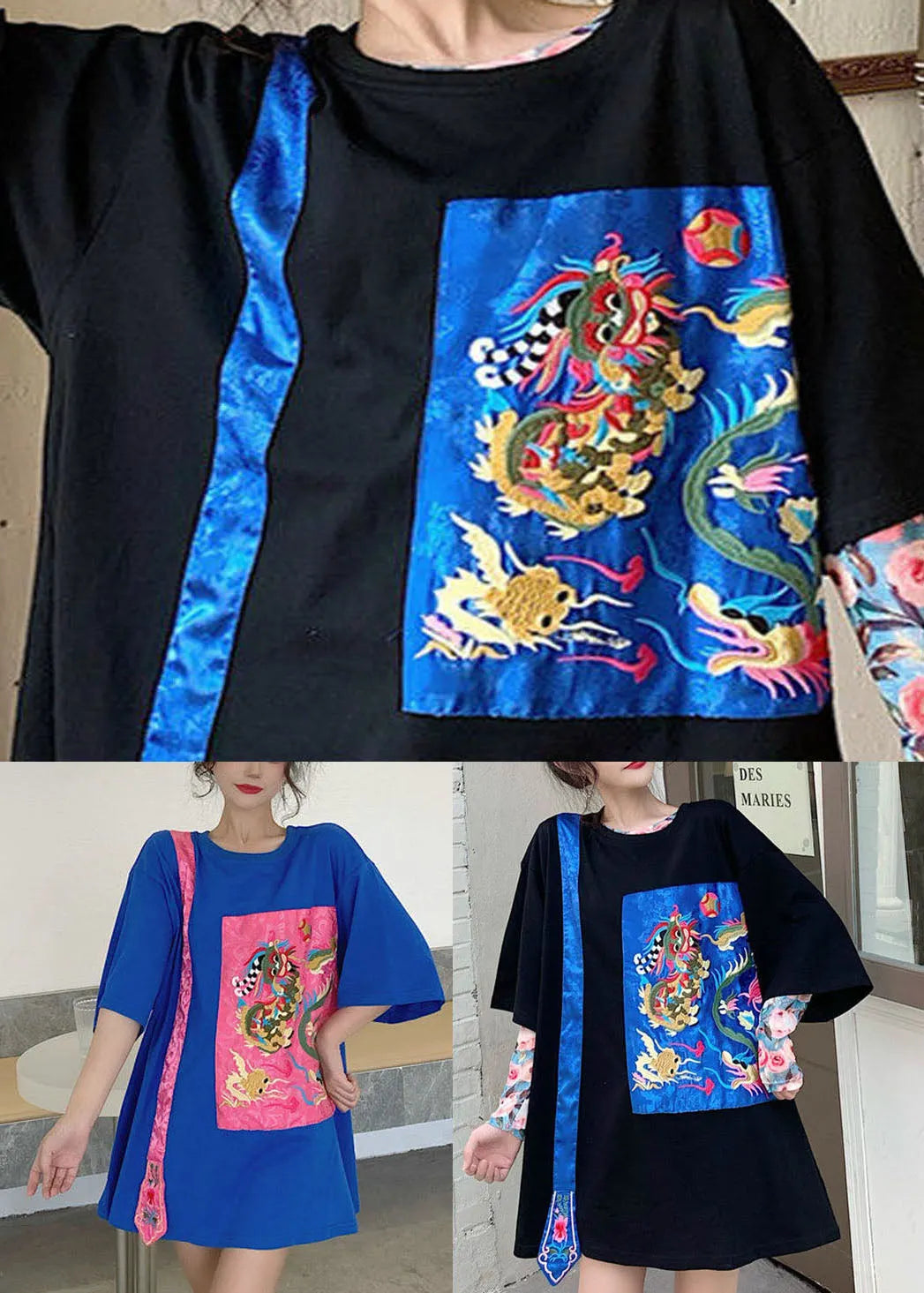 Black O-neck Embroideried Tops Half Sleeve