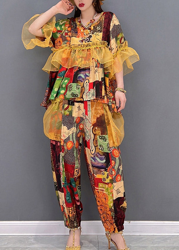 French O-neck Ruffled Tulle Patchwork Chiffon Tops and Pants Two Piece Set Summer