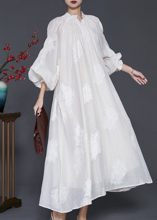 White Embroidered Silk Maxi Dress Lantern Sleeve