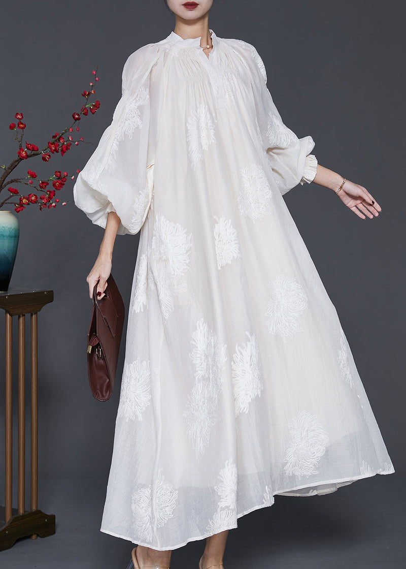 White Embroidered Silk Maxi Dress Lantern Sleeve
