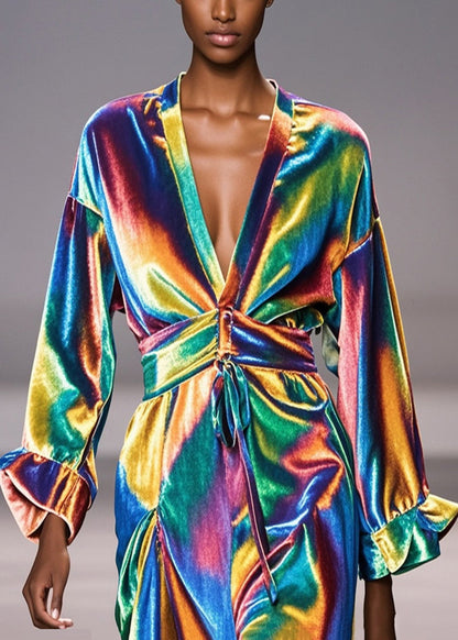 Simple Gradient Color V Neck Silm Fit Silk Velour Robe Dresses Fall