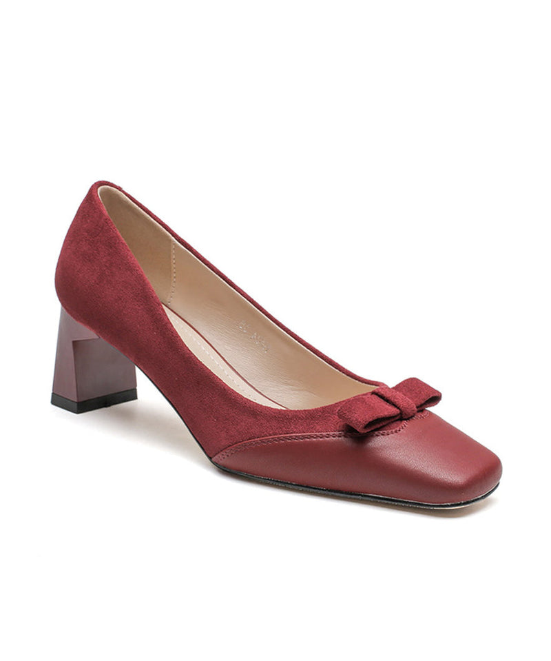 Wine Red Suede Bow Splicing Chunky Heel