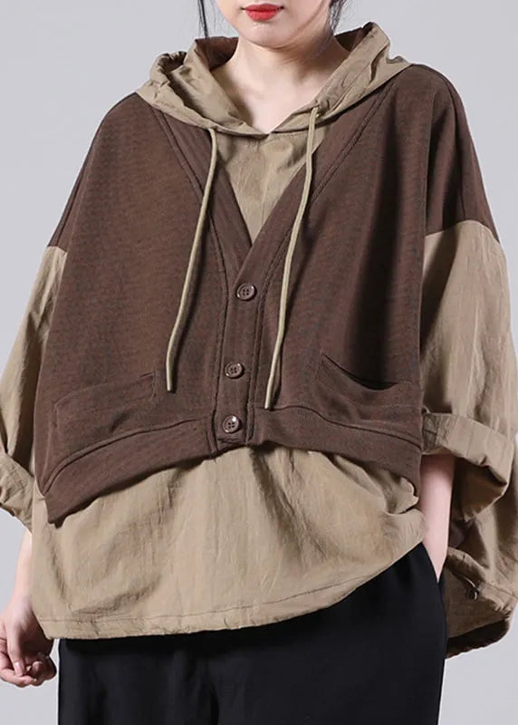 Chocolate Patchwork Fake Two Pieces Hooded Sweatshirts Long Sleeve