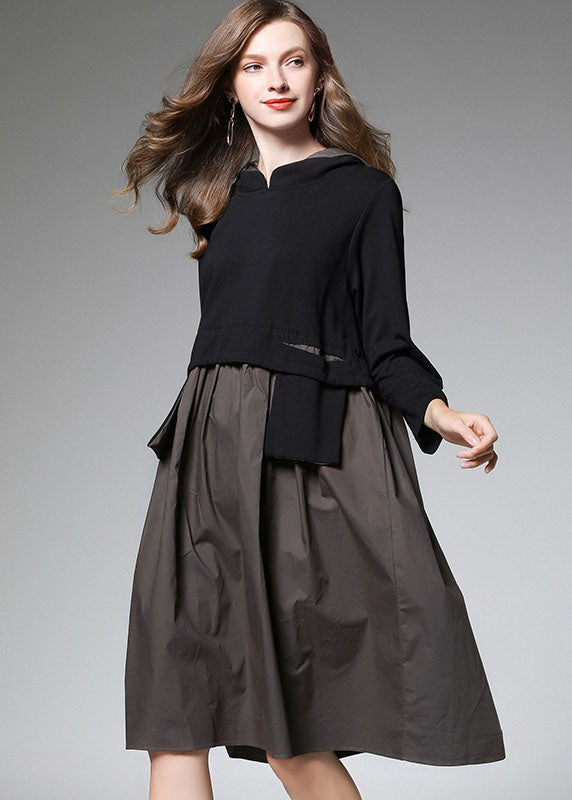 Armygreen Patchwork Hooded Dress Fall