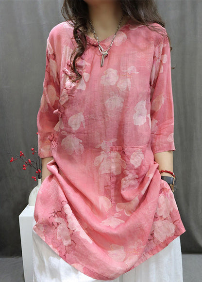 Handmade Green O-neck Print Button Top Summer
