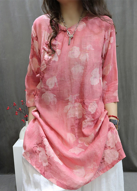 Handmade Purple O-neck Print Button Top Summer