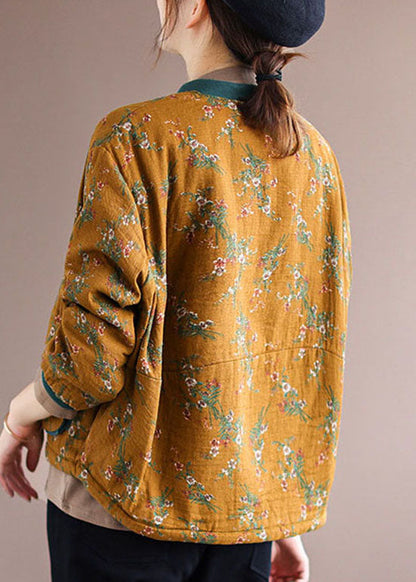 Yellow Print Fine Cotton Filled Coat Stand Collar Long Sleeve Winter