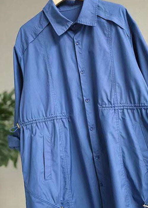 Modern Blue Peter Pan Collar Pockets Cotton Spring Trench Coats