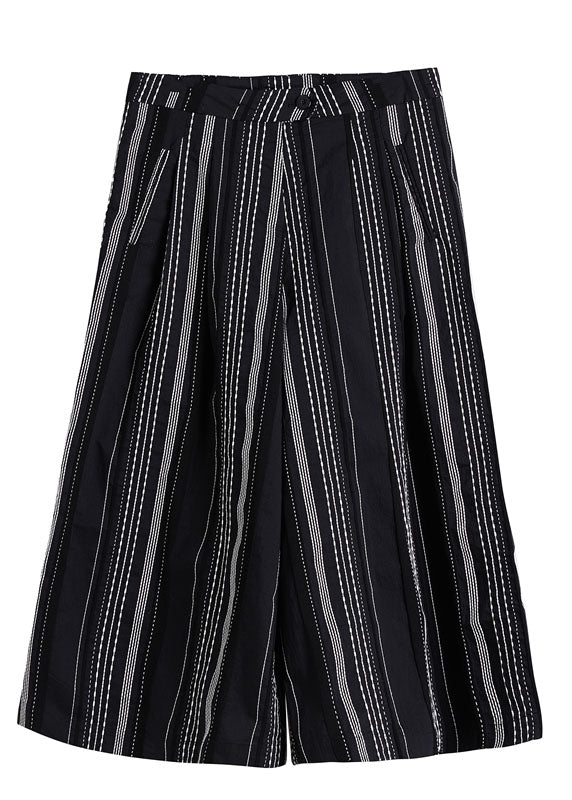 Black Striped Cotton Wide Leg Pants Spring