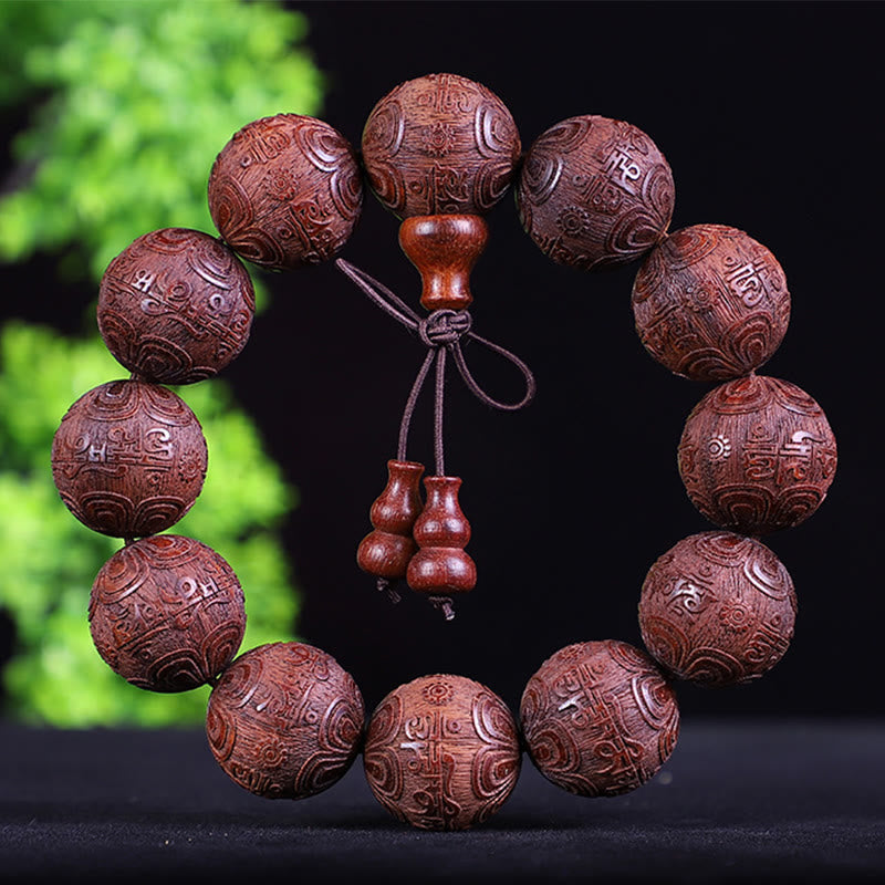 Buddha Stones Chinese Zodiac Rosewood Ebony Copper Coin Pixiu Carved Warmth Bracelet