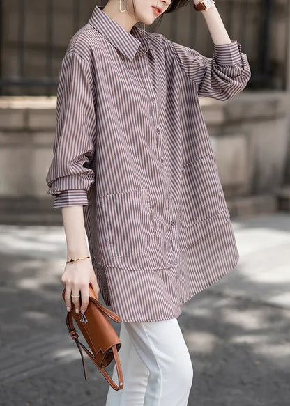 Loose Peter Pan Collar Striped Pockets Cotton Shirt Tops Fall