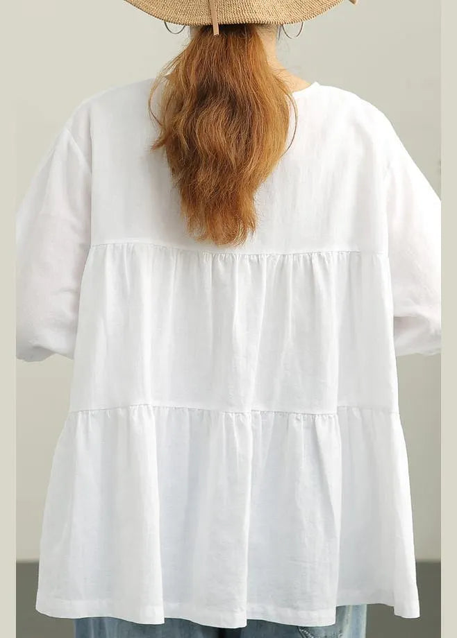 French White Brief Linen Summer Blouse Top