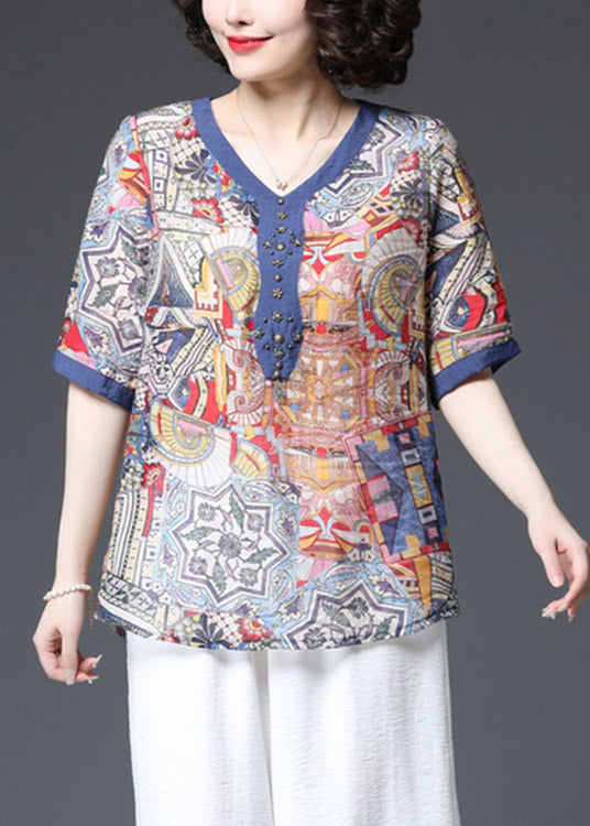 Blue V Neck Print Cotton Shirts Short Sleeve