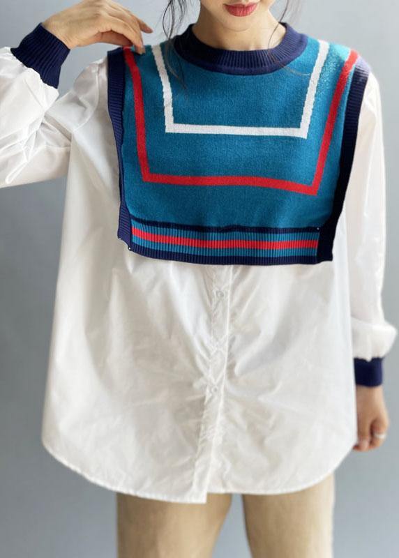 Style White Patchwork Knit Button Fall Tops Long Sleeve