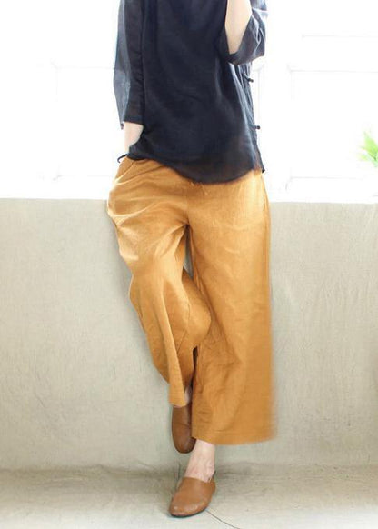 French Spring Pants Yellow Design Elastic Waist Pockets Wild Pants