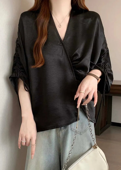 Boutique Black Asymmetrical Drawstring Silk Blouses Bracelet Sleeve