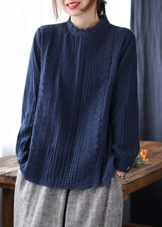 Boutique Navy Lace Patchwork Cotton Top Spring
