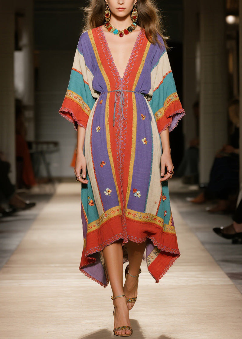 Colorblock V Neck Patchwork Cotton Dress Summer