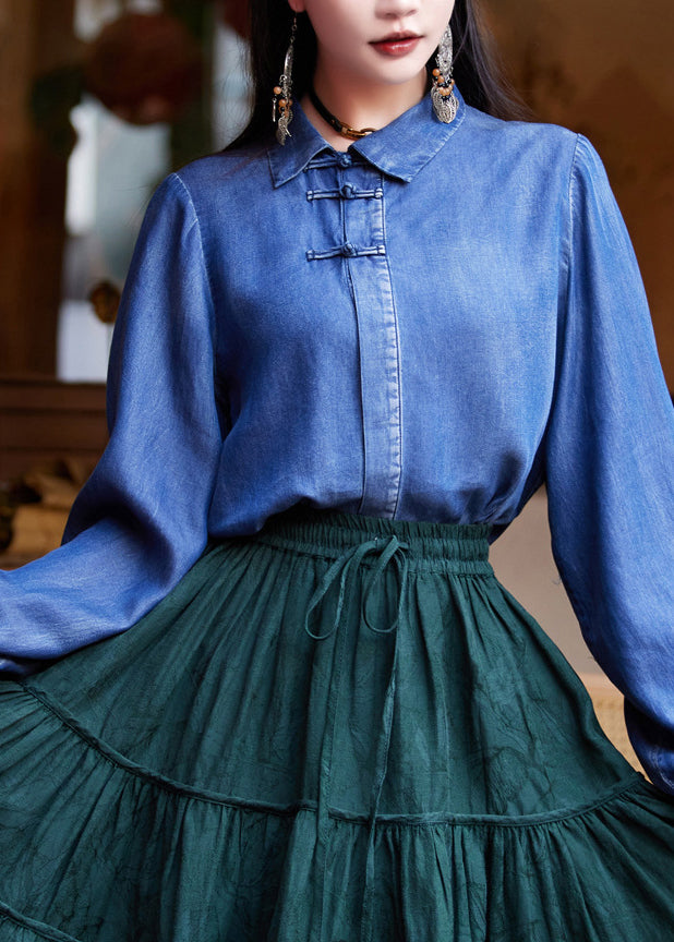 Blue Peter Pan Collar Patchwork Button Silk Cotton Denim Shirt Long Sleeve