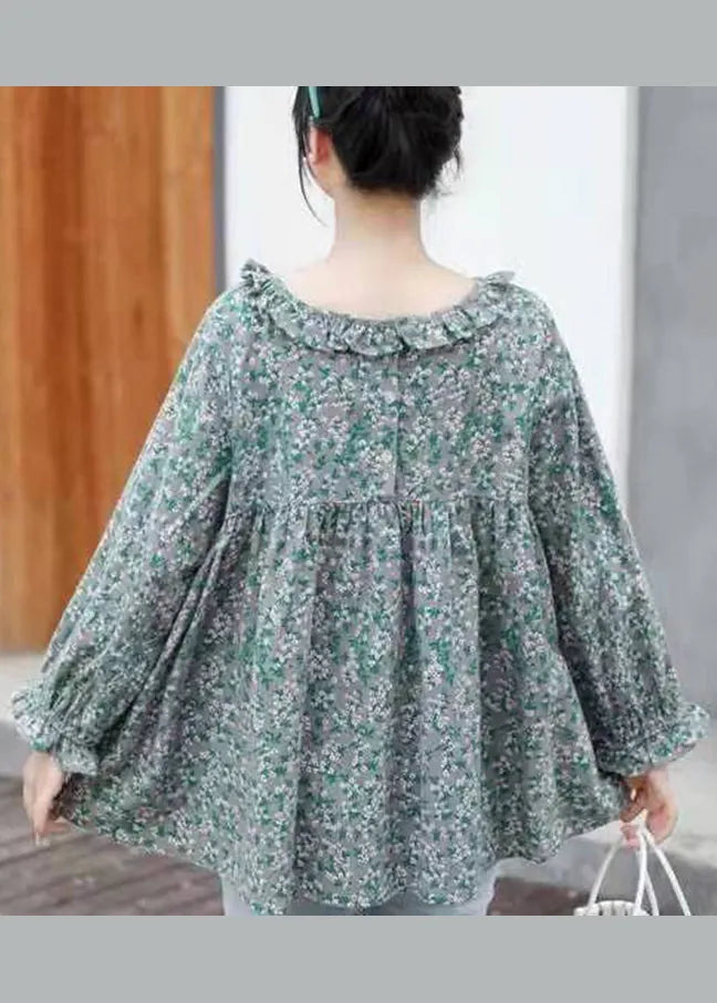 Grey Print Wrinkled Cotton Loose Shirt Top Long Sleeve