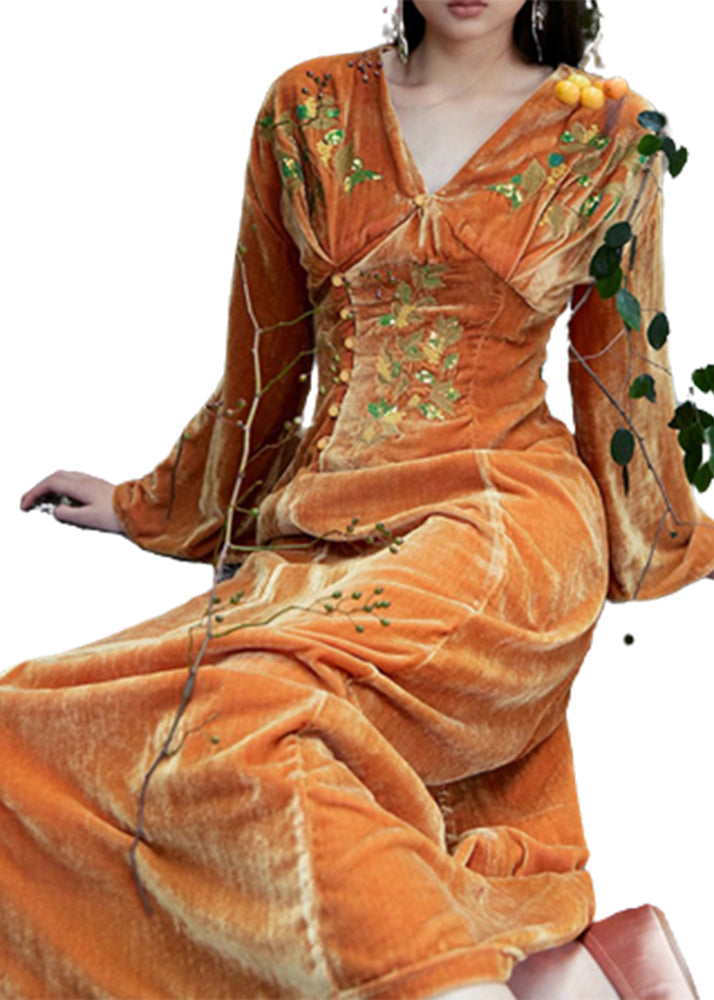 Classy Brown V Neck Embroideried Patchwork Velour Dress Fall
