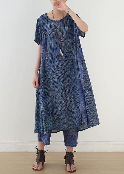 Blue Print Linen Dress Short Sleeve Summer Two Piece Set Clothing