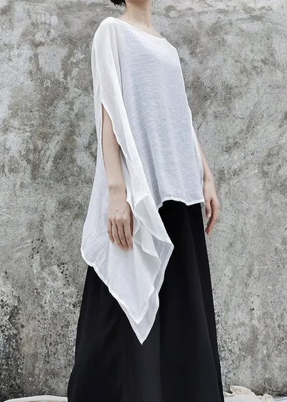 Natural White O-neck Linen Loose Tops Short Sleeve