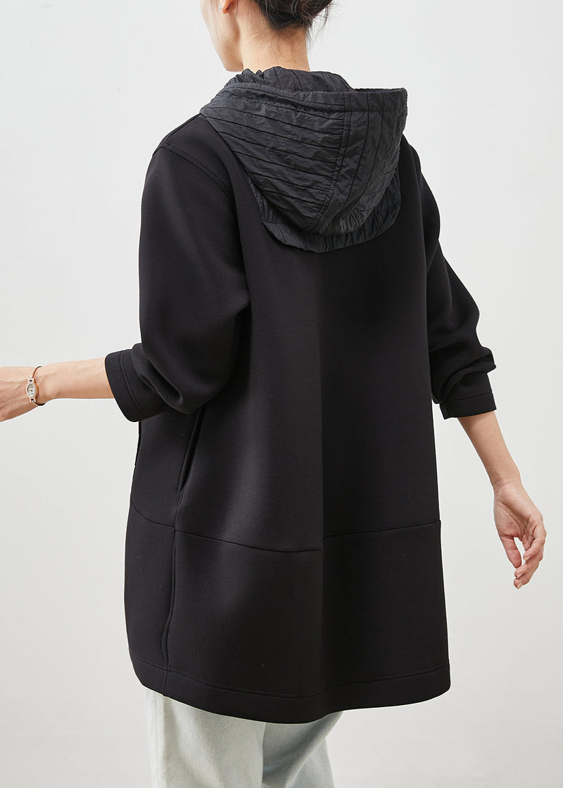 Black Hooded Patchwork Cotton Coat Outwear Spring