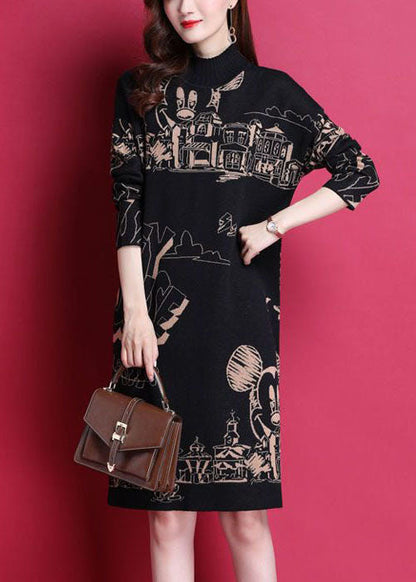 Black High Neck Print Thick Knit Holiday Dress Long Sleeve