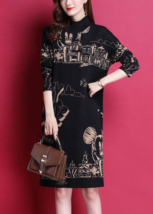 Black High Neck Print Thick Knit Holiday Dress Long Sleeve