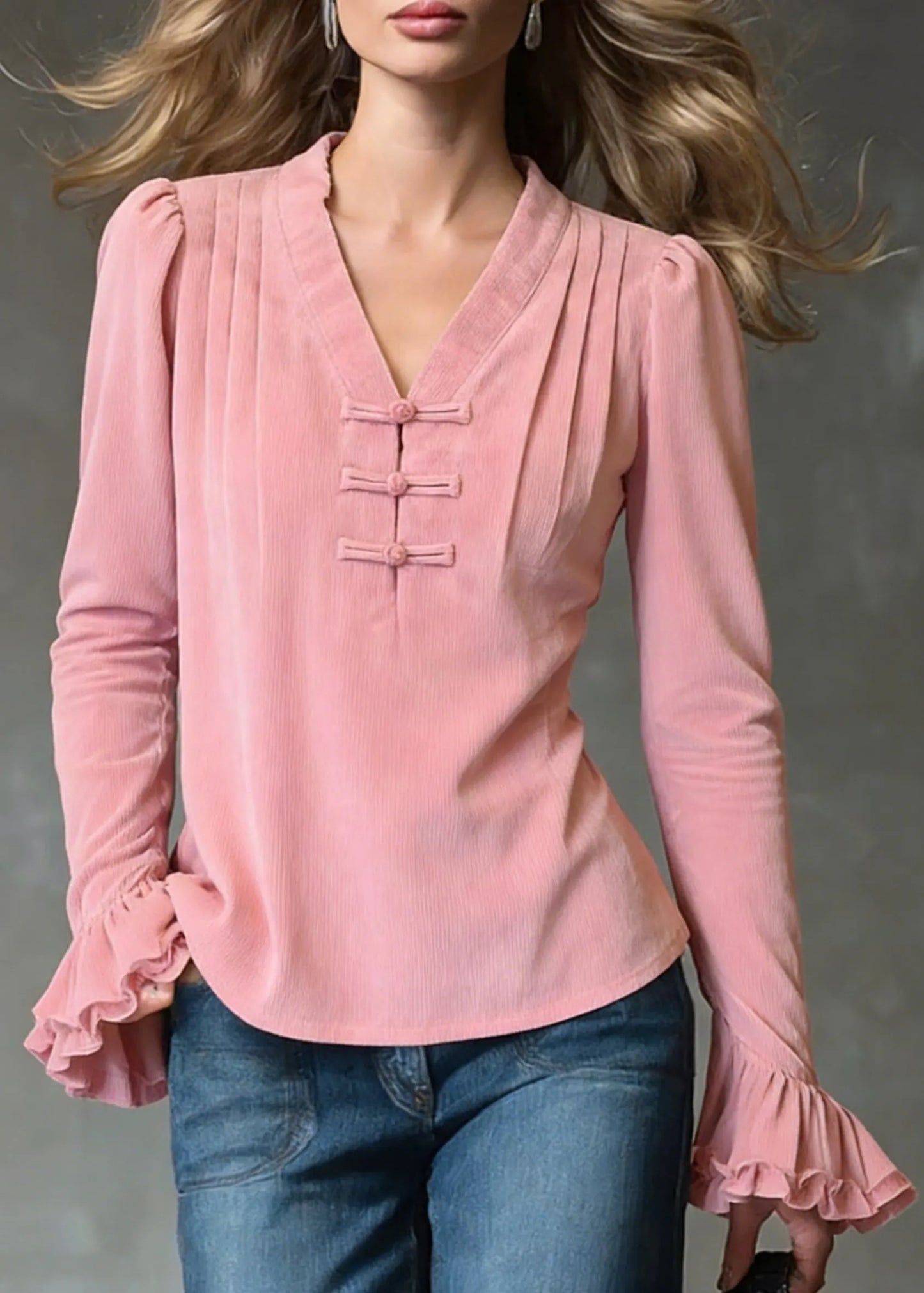 Loose Pink V Neck Ruffled Corduroy Shirts Flare Sleeve Spring