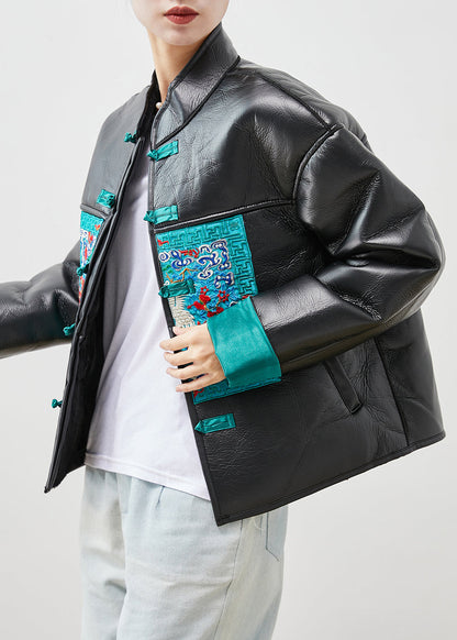 Black Embroideried Patchwork Warm Fleece Faux Leather Jackets Winter