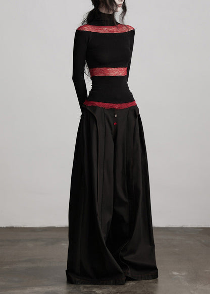 Stylish Black Pockets Wrinkled Patchwork Cotton Wide Leg Pants Fall